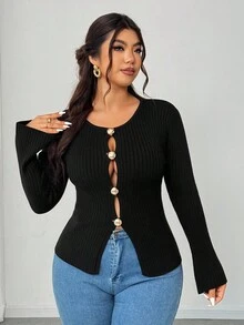 Elenzga Plus Size Women's Fall Winter Solid Black Long-Sleeved Sweater Cardigan With Flared Sleeves, Paired With Exquisite Buttons, Elegant And Form-Fitting For Autumn And Winter, Suitable For Daily Commuting Women's Wear