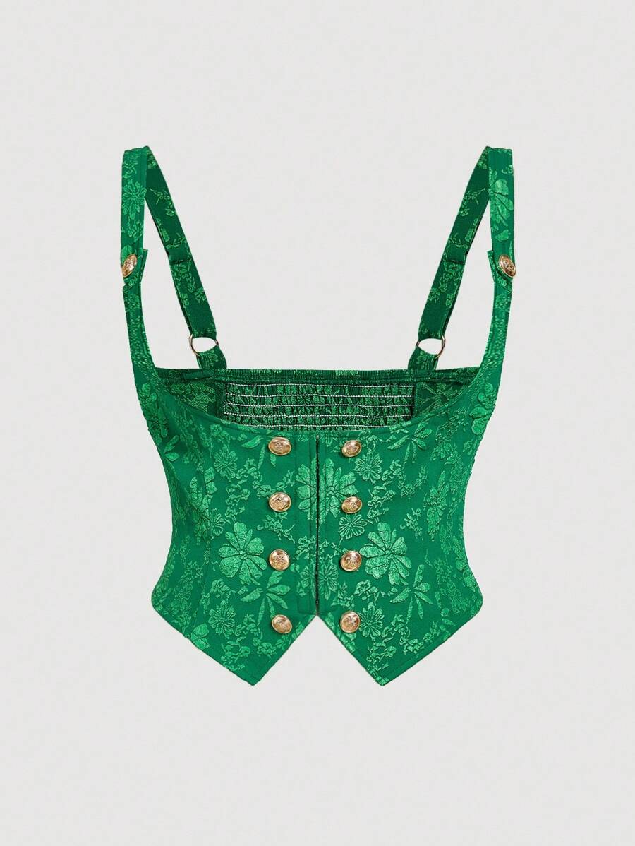 SHEIN MOD 大码女式黑色提花复古风格无袖修身衬衫 - 綠色 - 查看 1