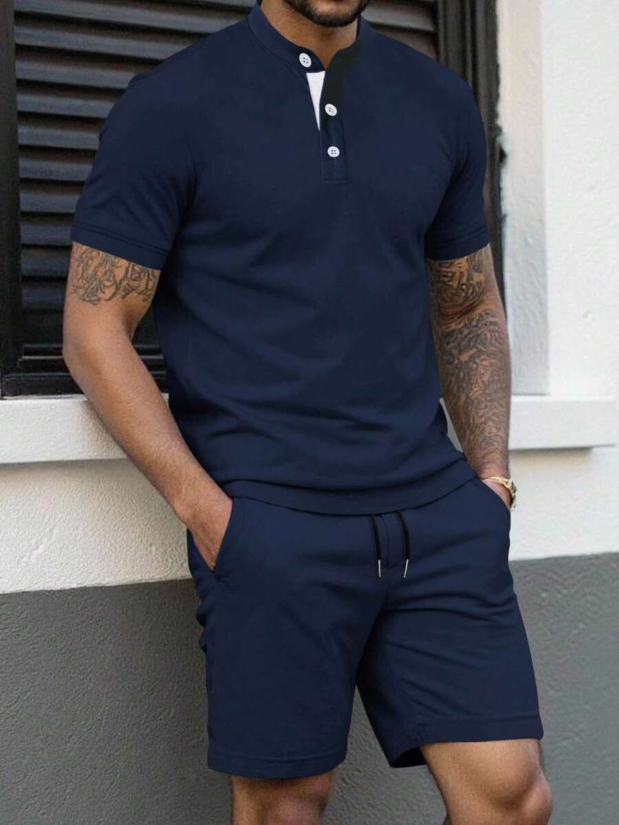 Manfinity Homme 2pcs Men's Solid Color Short Sleeve Casual Polo Shirt And Drawstring Waist Shorts Set Men Two Piece Set 2 Piece Set For Men Summer