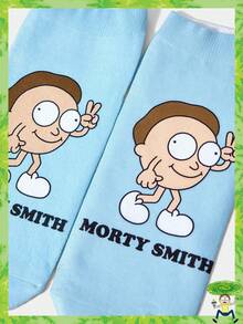 Rick and Morty X SHEIN 1 Pair Funny Letter Cartoon Figure Graphic Blue Ankle Socks - Multicolor - View 2