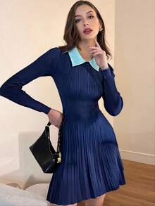 SHEIN Unity French Elegant Street Style V-Neck Bodycon A-Line Flare Waist Knit Sweater Dress Fall Winter Cloth For Women - Royal Blue - View 3