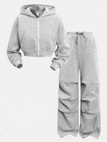 SHEIN 青少年女孩两件套：带口袋的休闲拉链连帽夹克和宽松直筒裤，适合周末、休闲外出、返校 - 淺灰色 - 查看 1