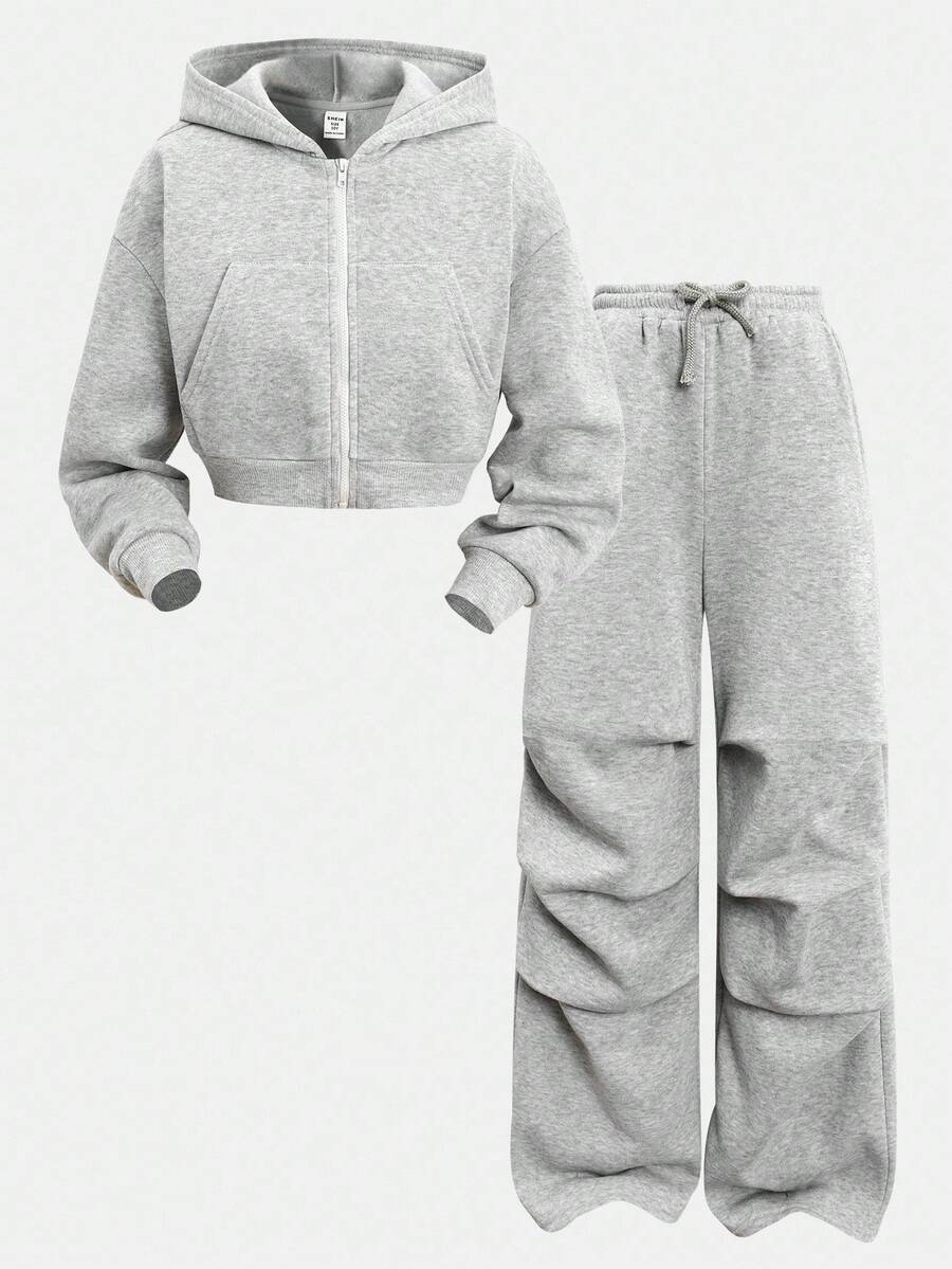 SHEIN 青少年女孩两件套：带口袋的休闲拉链连帽夹克和宽松直筒裤，适合周末、休闲外出、返校 - 淺灰色 - 查看 1