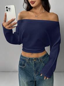 SHEIN EZwear 大码休闲纯色露肩短款运动衫 - 藏蓝色 - 查看 4