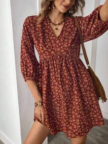 LanaWest Women's Western Casual Corduroy Print Loose Fit Dropped Shoulder Babydoll Fall Dress - Brown - View 6