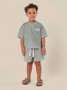 SUMWON Beach Vibes Vacation Club Italian Lemon Print Summer Boys Two Piece T Shirt Co Ord Set With Drawstring Shorts Holiday Fashion Outfit - Grey - View 2