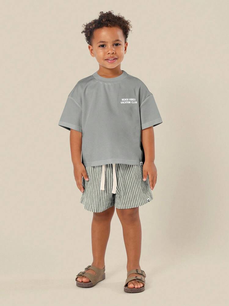 Casual Lemon Print T Shirt With Striped Shorts