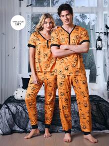 CoupledUp Halloween Funny Pumpkin Print V-Neck Contrast Color Block Men Casual Sleepwear Set - Orange - View 7