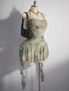 SHEIN ICON 加大码方领露背腰褶饰荷叶边下摆扎染长裙，夏季度假，波西米亚风，女士夏季连衣裙 - 彩色 - 查看 4