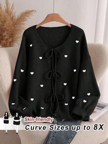 SHEIN CURVE+ Plus Size Women Heart Knitted Cardigan, French Elegant Fashion Autumn/Winter Sweater Cardigan, Off-Season Fall - Black - View 1