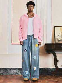 SWAVVY Men's Stylish Solid Color Zip-Up Hooded Cardigan, Autumn, For Fall Winter - Pink - View 7