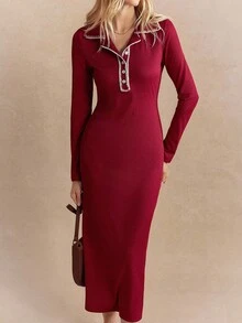 Écloséra Casual Slim Fit Autumn French Retro Lapel Long Sleeve Wine Red Dress Women Dress Ladies Autumn Matching Autumn Dress Women's Casual Dress - Burgundy - View 4