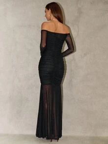 SHEIN BAE Gaun Maxi Bodycon Hitam Elegan Lengan Panjang Tanpa Bahu, Model Ekor Ikan untuk Acara Malam Musim Gugur, Sempurna untuk Pesta, Koktail & Acara Khusus - Hitam - View 2