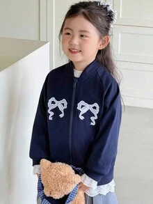 Genkimix Kids 女童休闲时尚运动插肩袖宽松蕾丝蝴蝶结刺绣贴花蕾丝边甜美时尚夹克外套 - 藏蓝色 - 查看 4