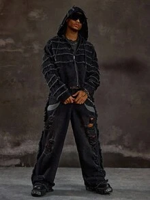 ROMWE MEN Street Life Men's KPOP Frayed Hooded Zip-Up Denim Jacket - Black - View 7