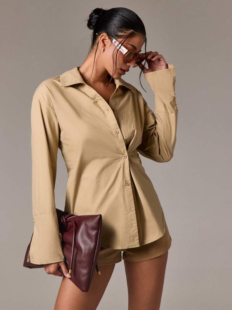 Asymmetrical Button Down Blouse With Back Drape Detail