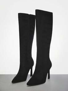 SHUZIA 女士迷人性感尖头中筒高跟靴，黑色