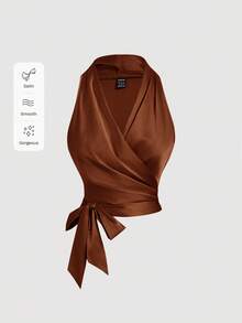 SHEIN MOD Áo ba lỗ thắt nút cổ điển màu nâu không tay cho nữ - Rỉ Nâu - Xem 4