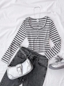 SHEIN 少女条纹针织长袖T恤，百搭时尚街头风条纹长袖上衣，秋冬休闲风 - 灰色 - 查看 8