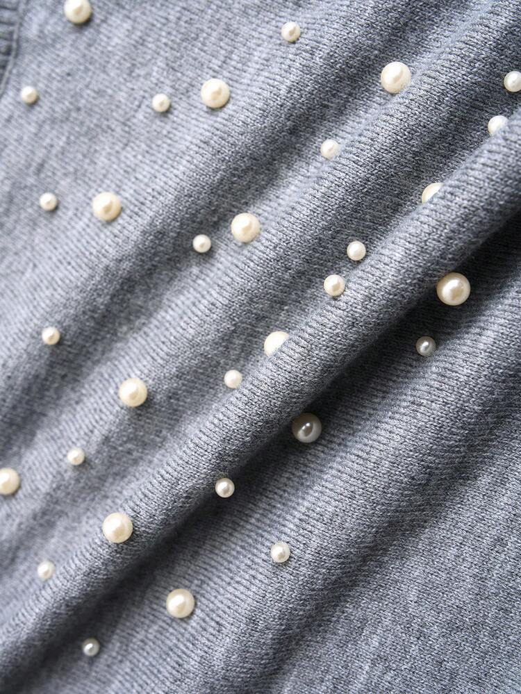 Plus Size Women Elegant Knitted Dress With Stand Collar, Long Puff Sleeves And Faux Pearl Decor, Autumn Winter Clothes For Women  Fall Clothes For Women New Year Dress