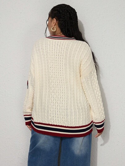 ROMWE Avant Suéter de punto jacquard con gráfico bordado de contraste de cuello en V para mujer de talla grande de vuelta al colegio