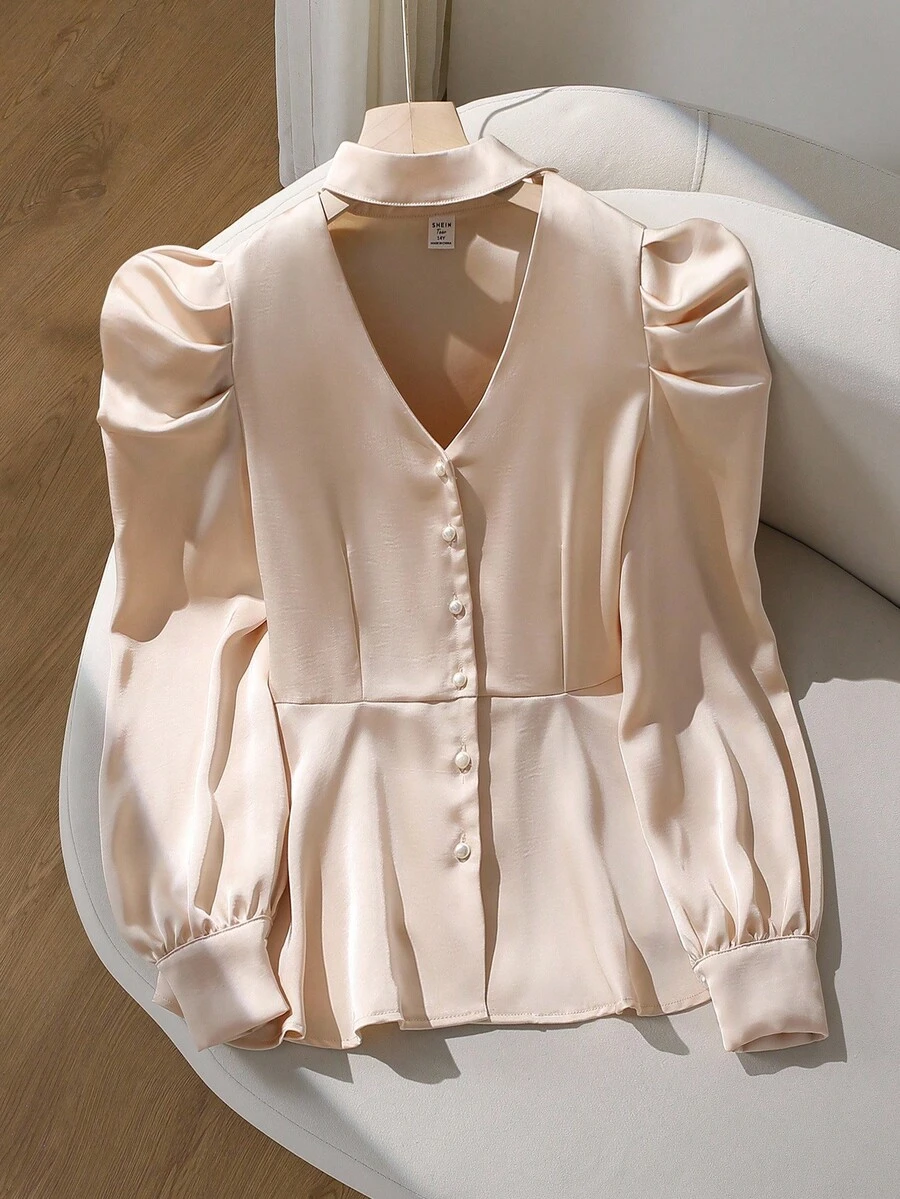 SHEIN Áo cánh tay phồng màu trơn thanh lịch cho bé gái tuổi teen - Màu be - Xem 1