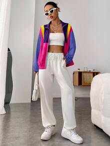 SHEIN EZwear Chaqueta con cremallera de hombros caídos y bloques de color de primavera para otoño/invierno - Multicolor - Ver 3