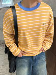 ESTAVOR Men's Casual Striped Crew Neck Long Sleeve T-Shirt, Spring/Autumn, For Fall - Orange - View 4