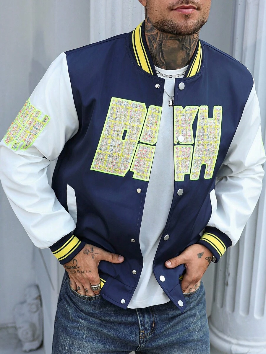 Manfinity Homme Men's Contrast Color Patchwork Letter Embroidery Varsity Jacket,Navy Blue Streetwear Baseball Jacket For Autumn,Graduation,Back-To-School Style - Blue - View 1