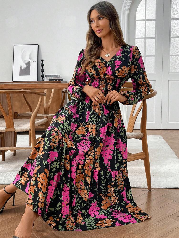 Women's Vacation Plant Print Shirred Lantern Sleeve Waist Drawstring Side Slit Hem Elegant Dress