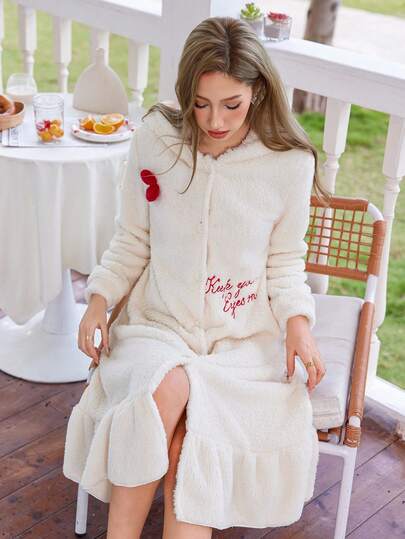 Double Sided Coral Fleece Hooded Robe Long Pajama Dress Pyjama Women Night Gown Fluffy Ochtendjas Oversized view 4