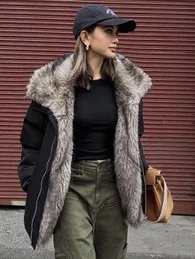 DAZY Women's Fur Collar Patchwork Padded Coat, Autumn/Winter Jacket Y2k - Black - View 9