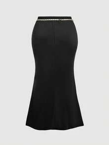 SHEIN MOD Plus Size Women Black Bodycon Midi Skirt With Pearl Waist Belt,Elegant,Autumn Dinner,All-Match Long Skirt For Parties,Old Money Style,Brunch,Goth - Black - View 3
