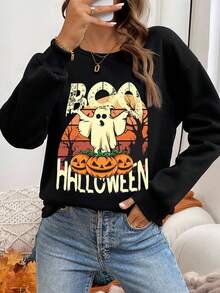 SHEIN LUNE Lässiges, minimalistisches Sweatshirt für Damen mit lockerem Schnitt und Totenkopf-, Kürbis-, Geister- und Kobold-Motiv, Rundhalsausschnitt, Herbst/Winter