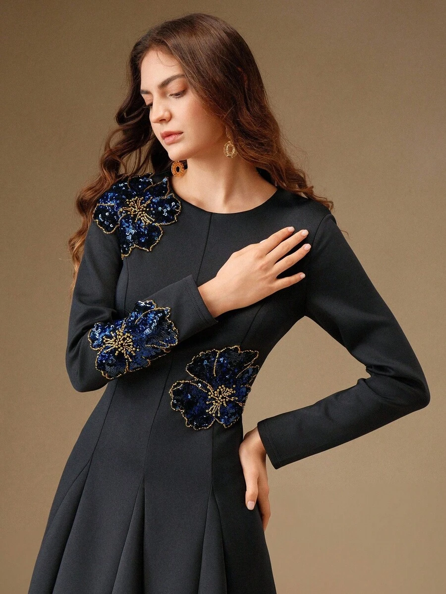 Anewsta 女装新款端庄串珠花卉图案高端宴会优雅连衣裙 - 藍色 - 查看 1