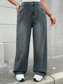 Dazy Plus Washed Faded Ombre Loose Straight Leg Jeans, Versatile For All Seasons - Medium Wash - View 3