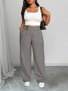 SHEIN Tall CURVE Pantalones rectos de cintura alta de estilo casual para mujer de talla grande