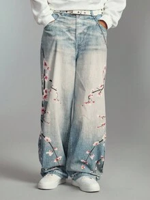 ROMWE MEN Street Life 男士宽松街头风梅花图案时尚宽松牛仔裤 - 藍色 - 查看 5