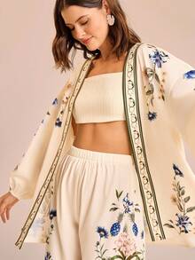 CAJUNI 女式杏色底蓝色和粉色花卉印花灯笼袖宽松休闲长假和服罩衫 - 彩色 - 查看 2