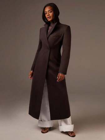 Athîral Mörkbrun långärmad trenchcoat med slag och axelvaddar för kvinnor | Skräddarsydd kavaj för arbete, formella dejter och mångsidig lager-på-lager-klädsel, enkel garderob, värmande funktion höst/vinter, gamla pengar, affärscasual kvinna, elegant, mysiga höst- och vinterkläder för kvinnor