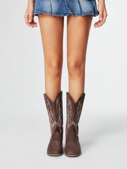 Grunge Punk Women's 2025 Autumn/Winter Brown New Outdoor Fashion Embroidery Detail Pointed Toe Chunky Heel Western Cowboy Ankle Boots, Slip-On