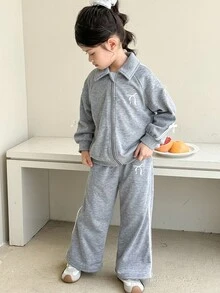 SHEIN Young Girls Casual Bowknot Trim Zip-Up Hoodie Jacket & Flared Pants Set Fall Winter - Multicolor - View 7