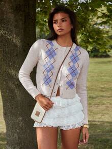 Athîral Women's Casual Collegiate Rhombus Plaid Pattern Single-Breasted Lightweight Cardigan, Autumn