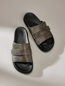 Solecia 2025 New Summer Outdoor Leather Flat Men's Sandals, Strap Design With Hook And Loop Closure