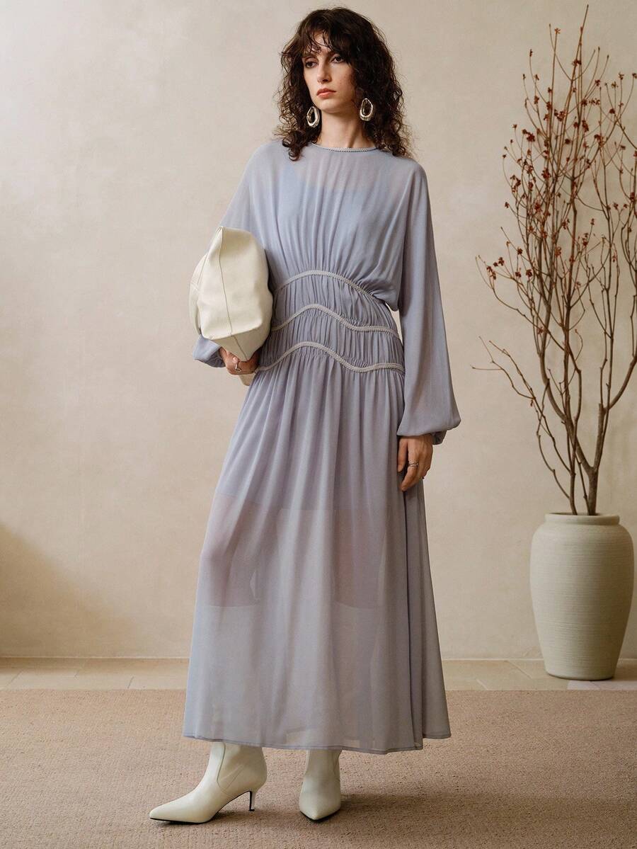 EMERY ROSE Vestido largo elegante de mujer con mangas de farol y pliegues en la cintura, de gasa, para otoño, vestidos de otoño para mujeres, ropa bohemia para mujeres, atuendos elegantes para mujeres - Púrpura malva - Ver 1