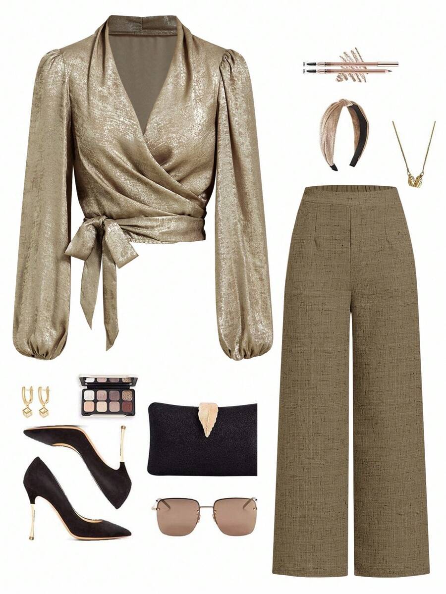 Gownix Women's Everyday Gold Wrap Tie Long Sleeve Blouse - Gold - View 1