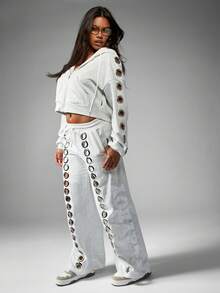 Missguided x Playboy Pantalones palazzo de pierna ancha con detalle de ojal, cintura alta, ropa de estar en casa, casual, estilo festival, estética, corte holgado, cómodo para el invierno y el otoño - Gris Claro - Ver 3