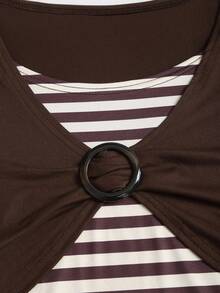 SHEIN Sweetro 女式棕色条纹 Y2K Baddie 2000 年代风格复古返校扣饰修身舒适长袖圆领 T 恤 - 棕色 - 查看 5