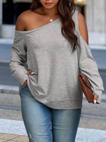 EMERY ROSE Sweatshirt Longgar Lengan Panjang Kerah Asimetris Warna Polos Minimalis Kasual Ukuran Besar untuk Wanita, Cocok untuk Musim Semi/Gugur Musim Dingin - Grey - View 1