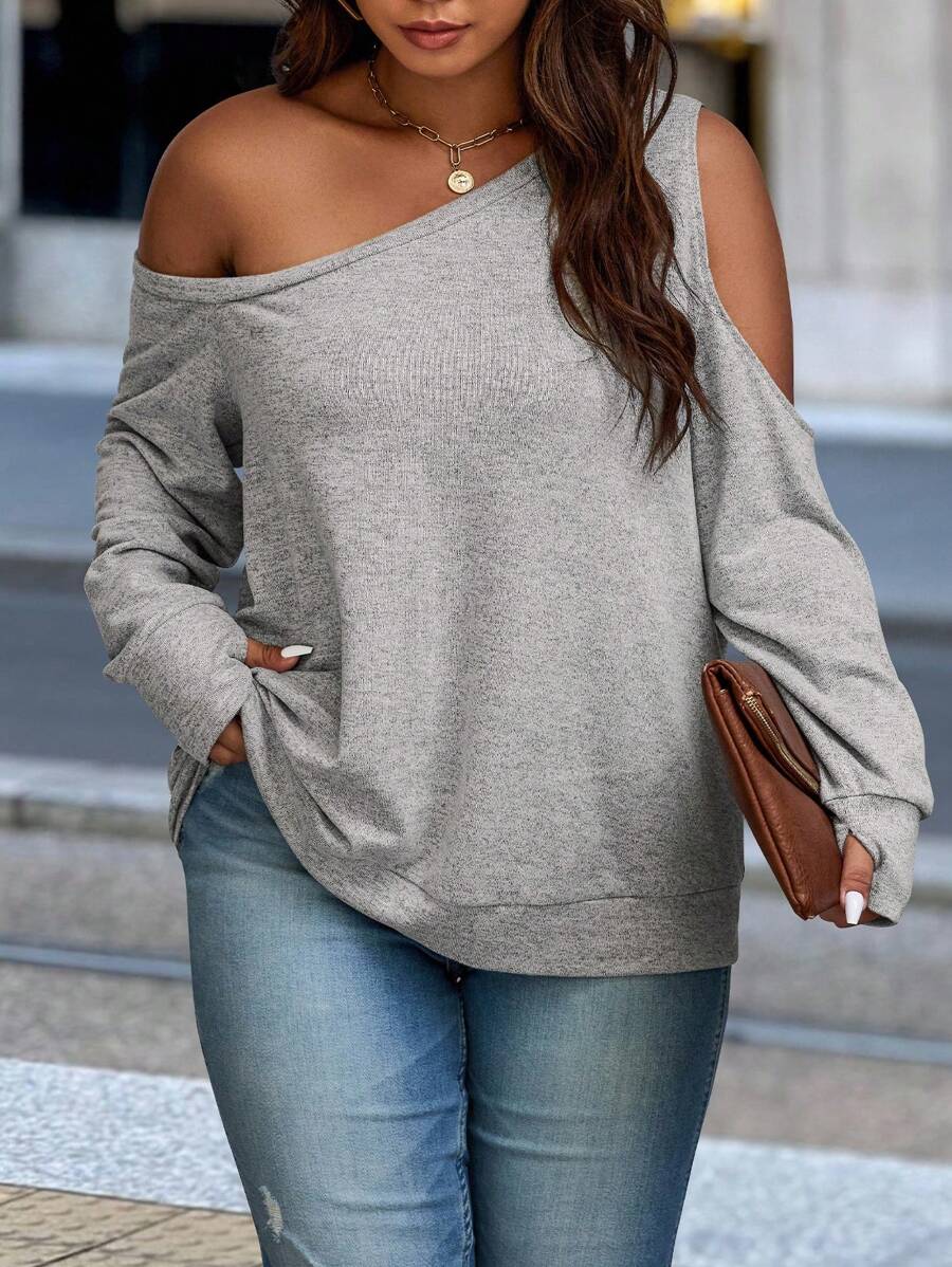 EMERY ROSE Sweatshirt Longgar Lengan Panjang Kerah Asimetris Warna Polos Minimalis Kasual Ukuran Besar untuk Wanita, Cocok untuk Musim Semi/Gugur Musim Dingin - Grey - View 1